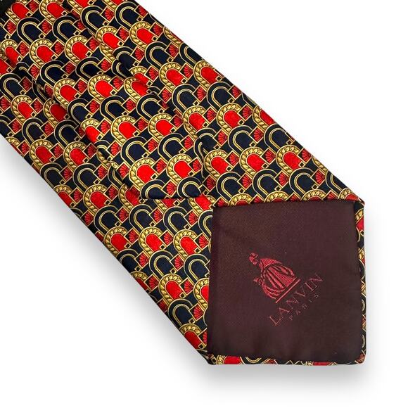 LANVIN Paris Neck Tie Vtg 100% Silk Made in France Geometric Navy Blue Red Gold - Picture 4 of 9